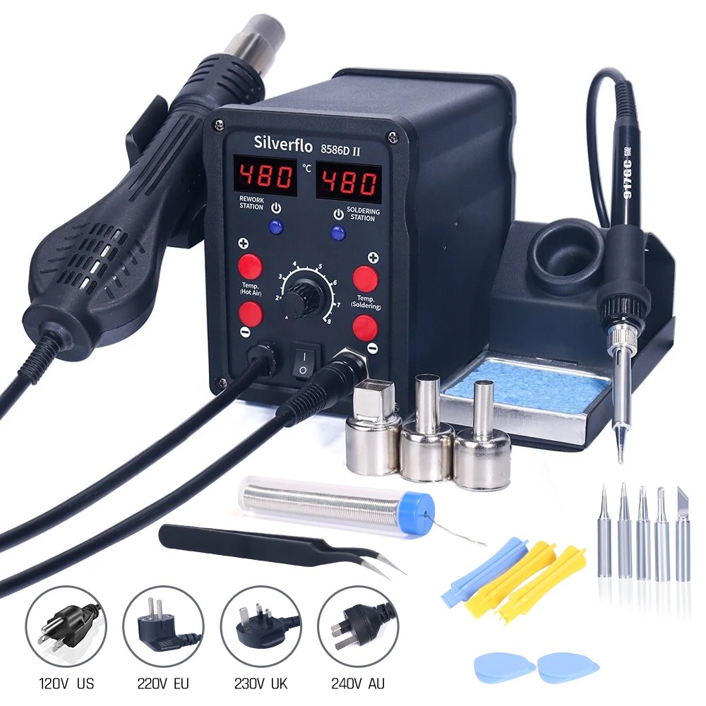 Smd Rework Station Hot Air Soldering 2 In 1 - Silverflo 8586D soldeerstation 2 IN 1